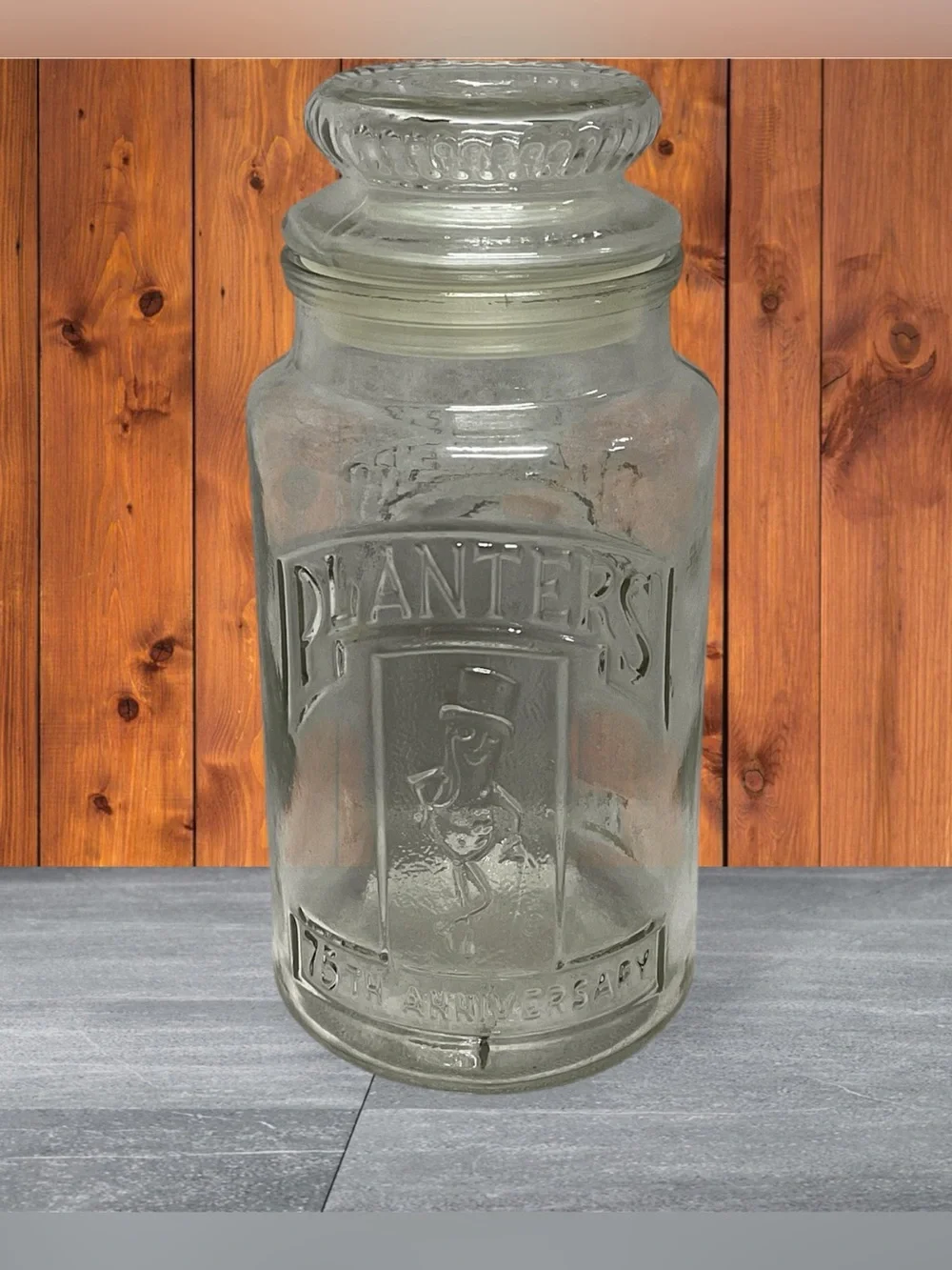Vtg 1981 Planters Mr. Peanut 75th Anniversary Glass Jar With Lid